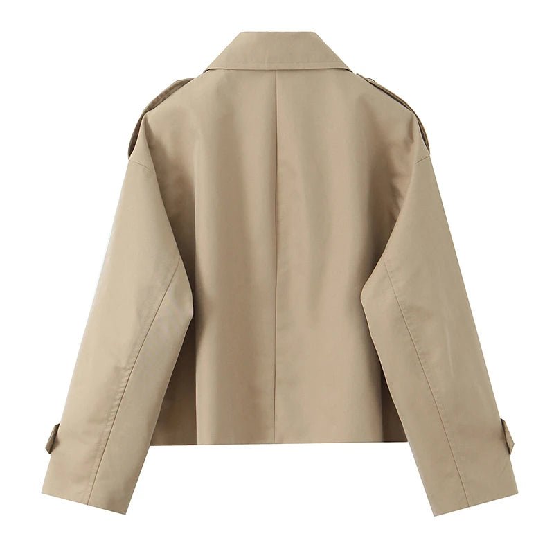 Back view of the beige cropped trench jacket