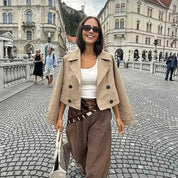Colette cropped double-breasted trench jacket in beige, worn open in the city